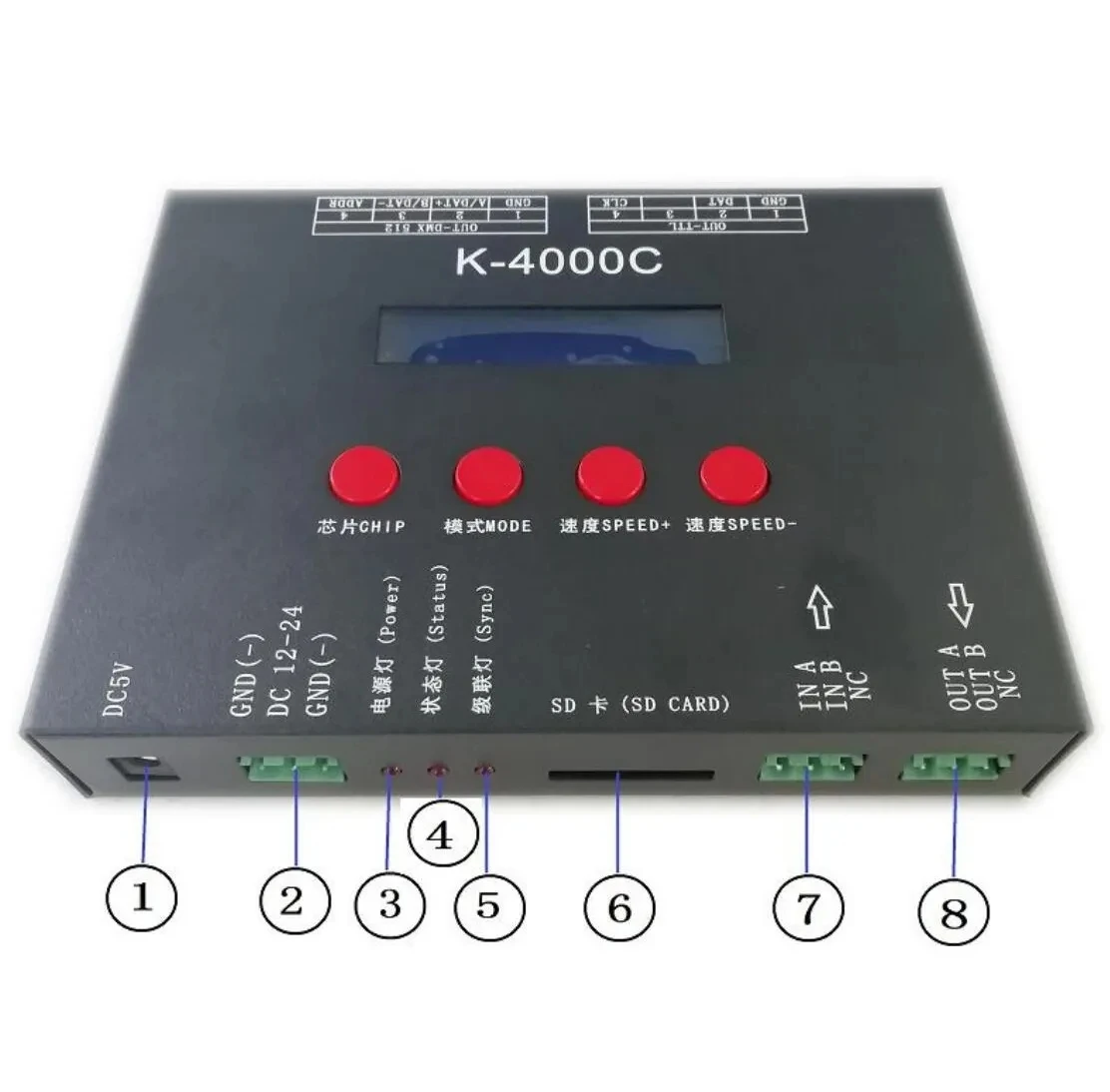 K-4000C SD Card Pixel LED Controller Original ws2812 , SPI/DMX DC5V/DC12-24V programmable dmx led light controller