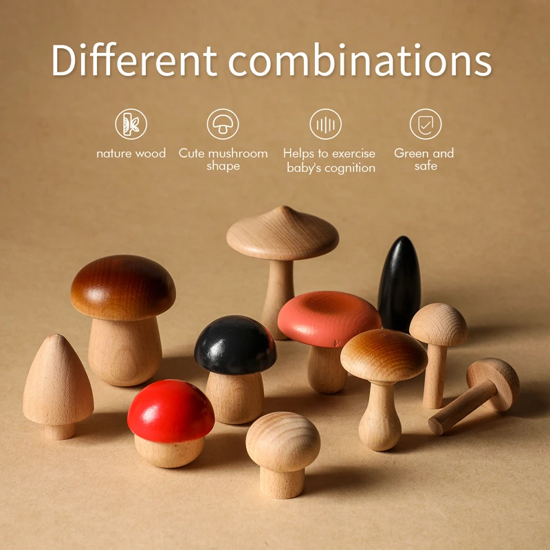 Hot Selling Baby Teethers Wooden Mushroom Set Puzzle Toys for Newborn Beech Wood PVC Baby Gift in Animals Shape Box Packing