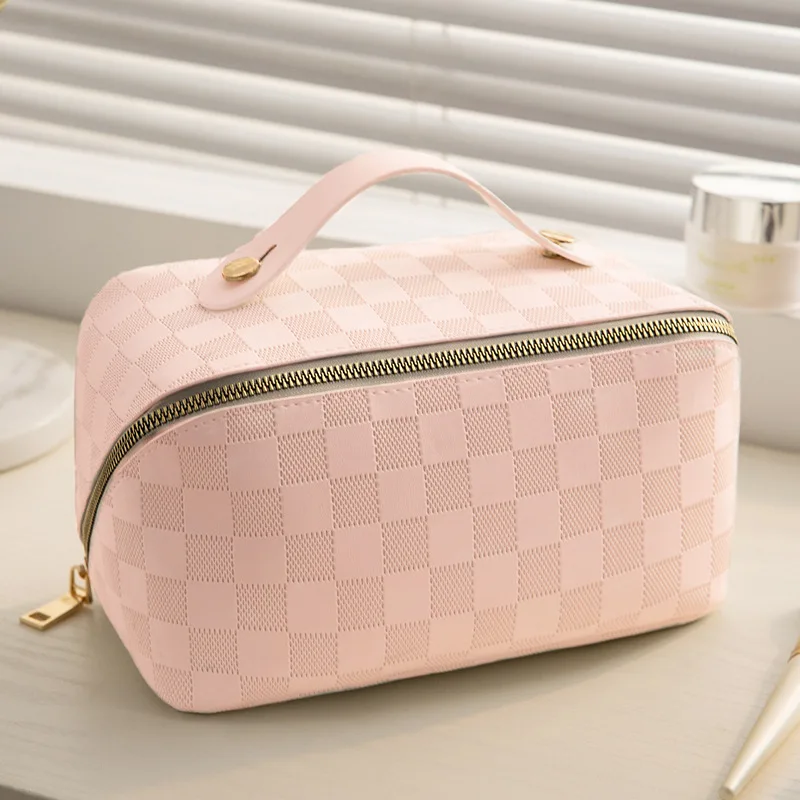 High Quality Compartment Organizer Beauty Pouch White Pu Leather Open Flat Cosmetic Pillow Makeup Storage Travel Toiletry Bag