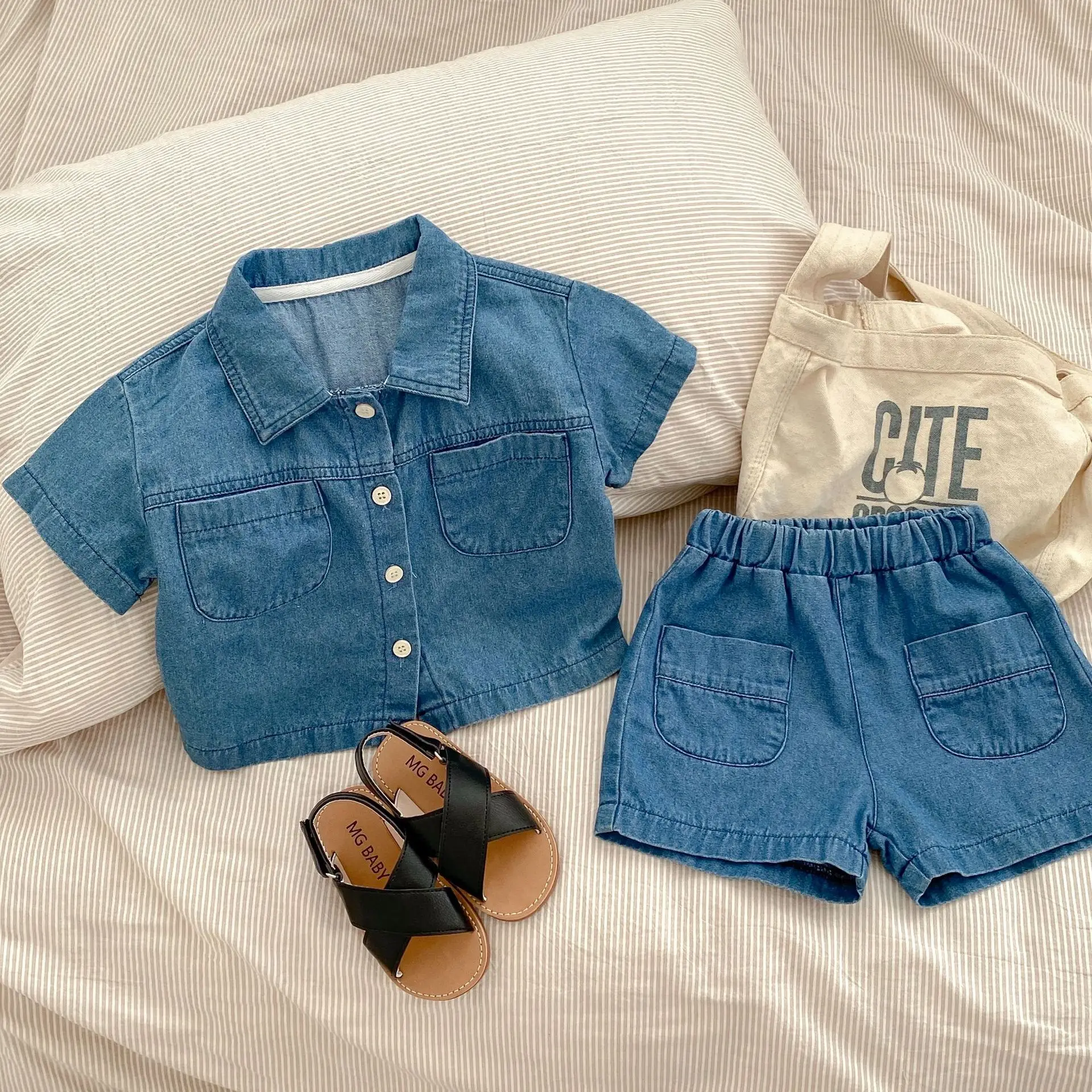 Engepapa Summer Infant Set Denim Short Sleeve children Top Shorts 2 Piece Fashion Baby Clothes