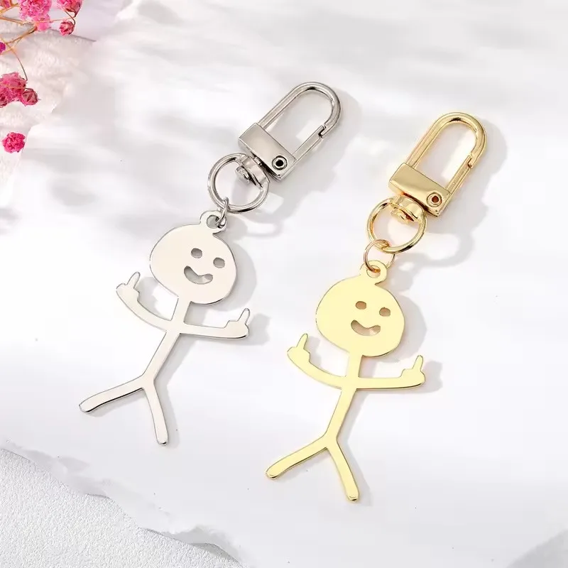 Xun Xin Funny Middle Finger Stickman Keychain Stainless Steel School Bag Car Key Pendant Hand Gesture Character Keyrings Gadgets