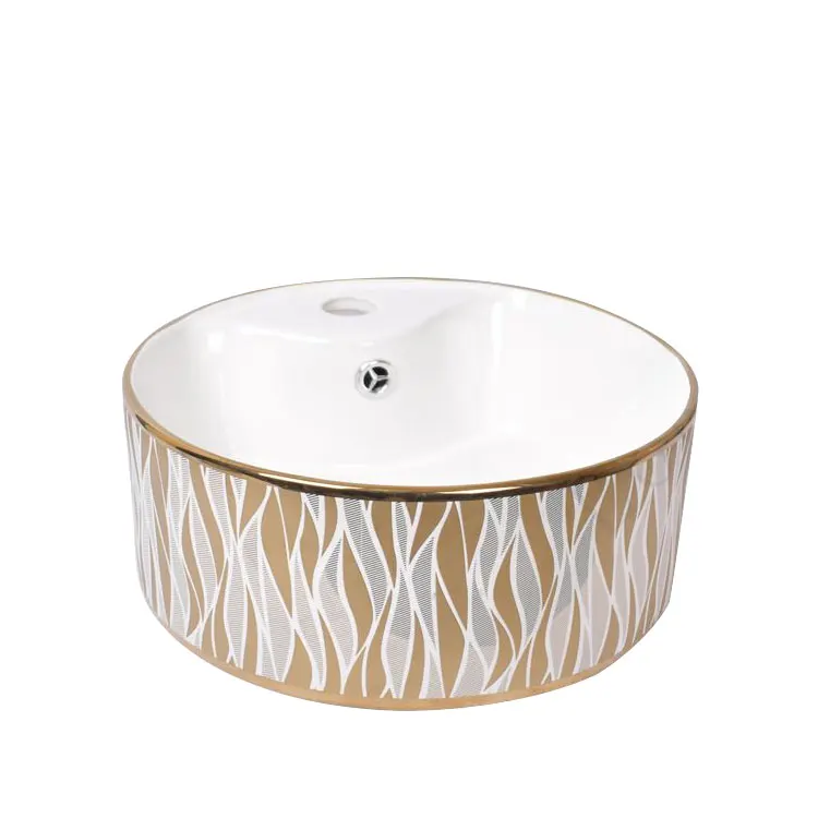 Art Basin Gold Pattern Round Countertop Ceramic Bathroom Hotel Vessel Sink Luxury Wash Basin