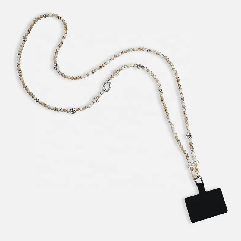 Fashion Camellia Natural Stone Beaded Chain Crossbody Patch Phone Strap Wrist Lanyard For Keys iPhone Case ID Badges Custom Logo