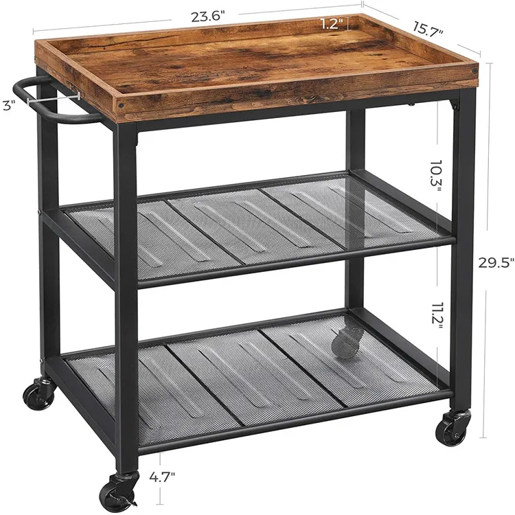 3-tier metal rolling utility cart with handle wheels folding trolley cart for home kitchen black