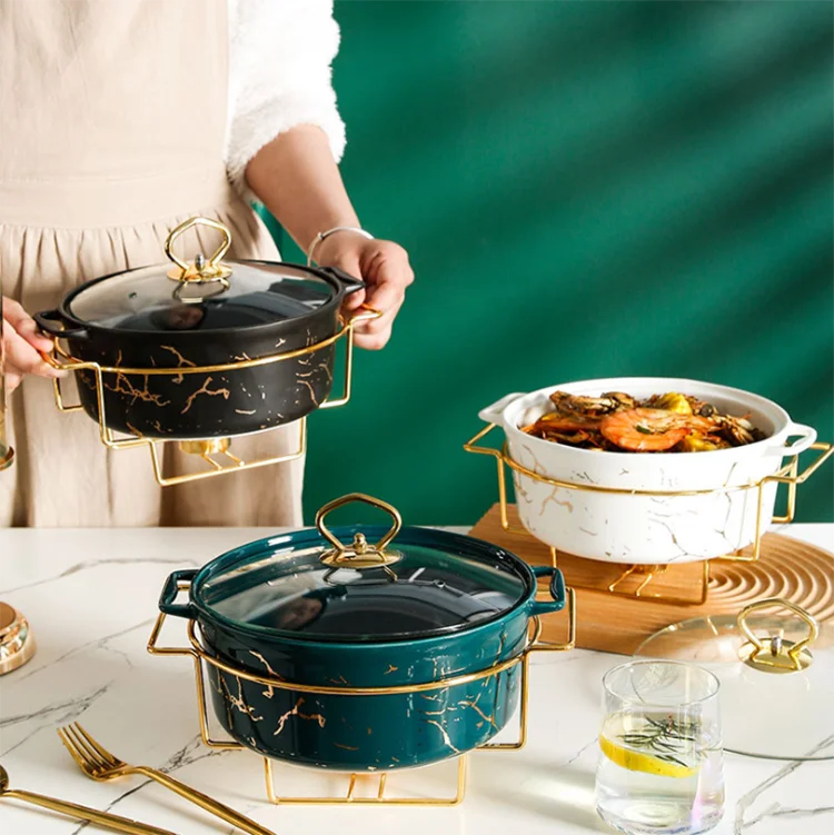 
Unique marbled gold pattern kitchenware nonstick ceramic soup pot set tableware with handle and candle holder 