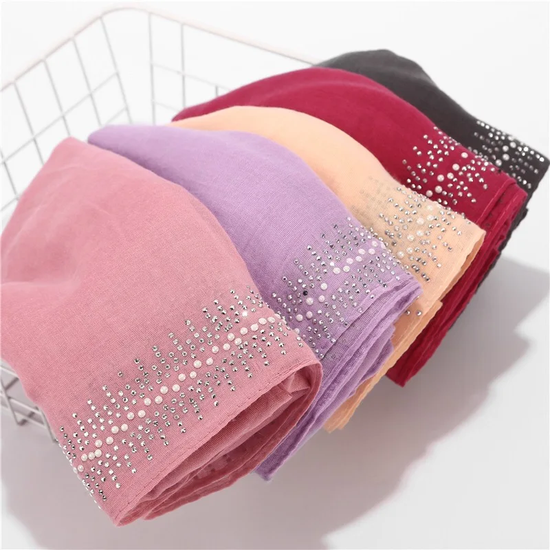 Factory wholesale cheap high quality solid color diamond jewel plain cotton viscose hijab scarf women muslim stoles shawl tudung