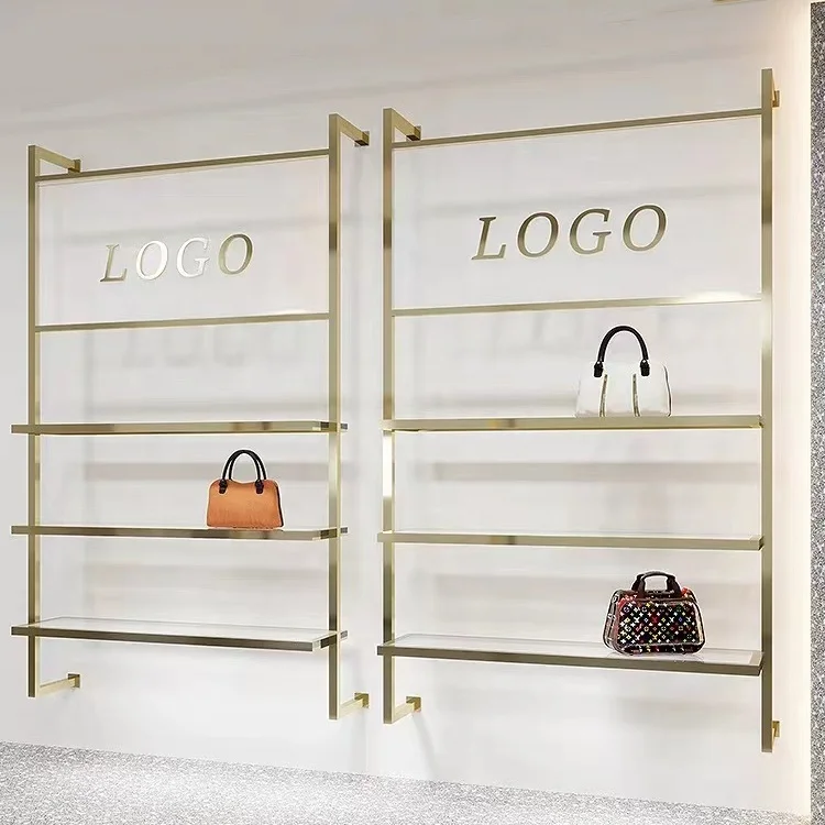 Custom Logo Stainless Steel Handbag Hanging Shelf Display Stand Wall Shoe Display Rack For Shoe Bag Store