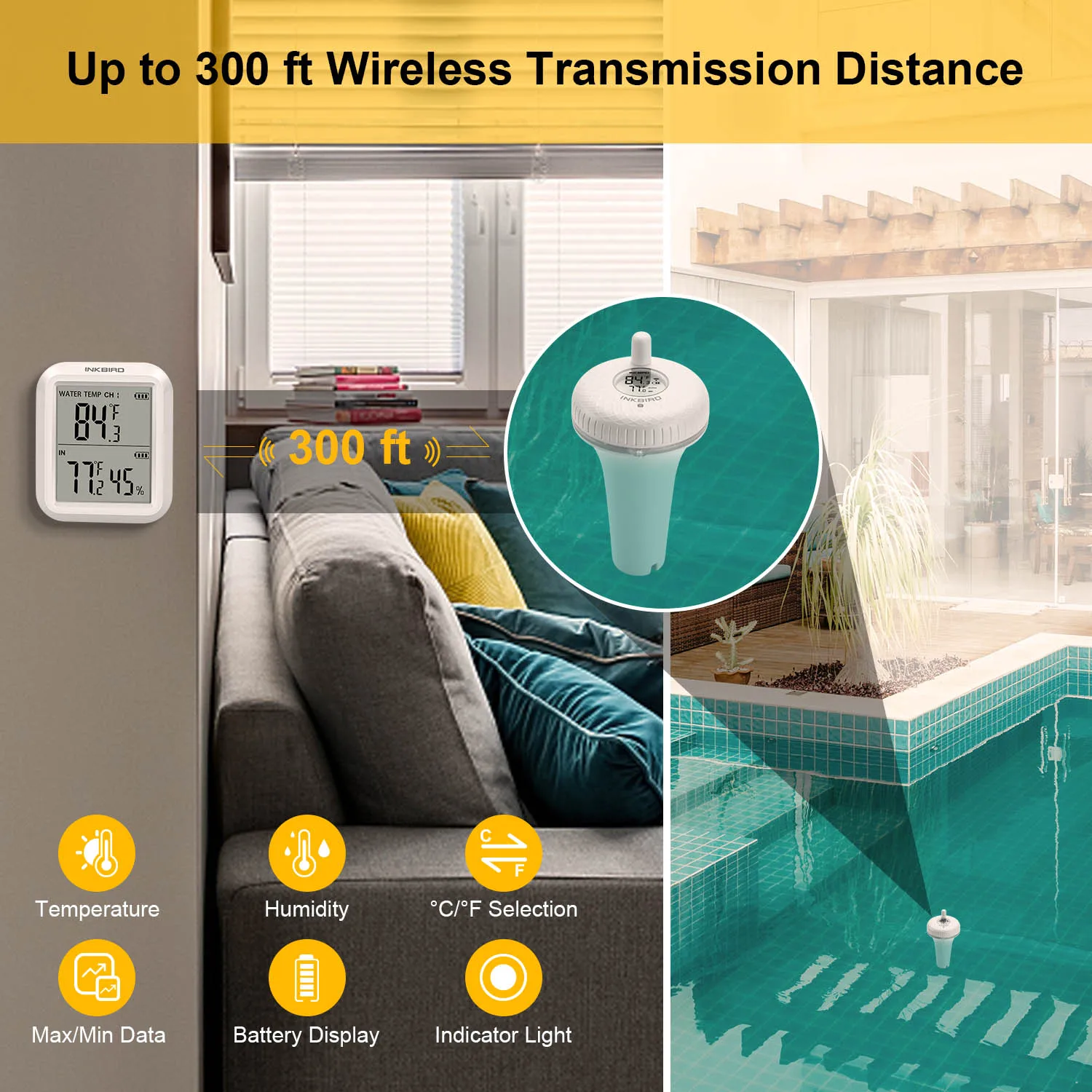 Smart Creation IBS-P02R Wireless Floating Thermometer Wireless RF Pool Thermometer with Indoor Temperature and Humidity Sensor