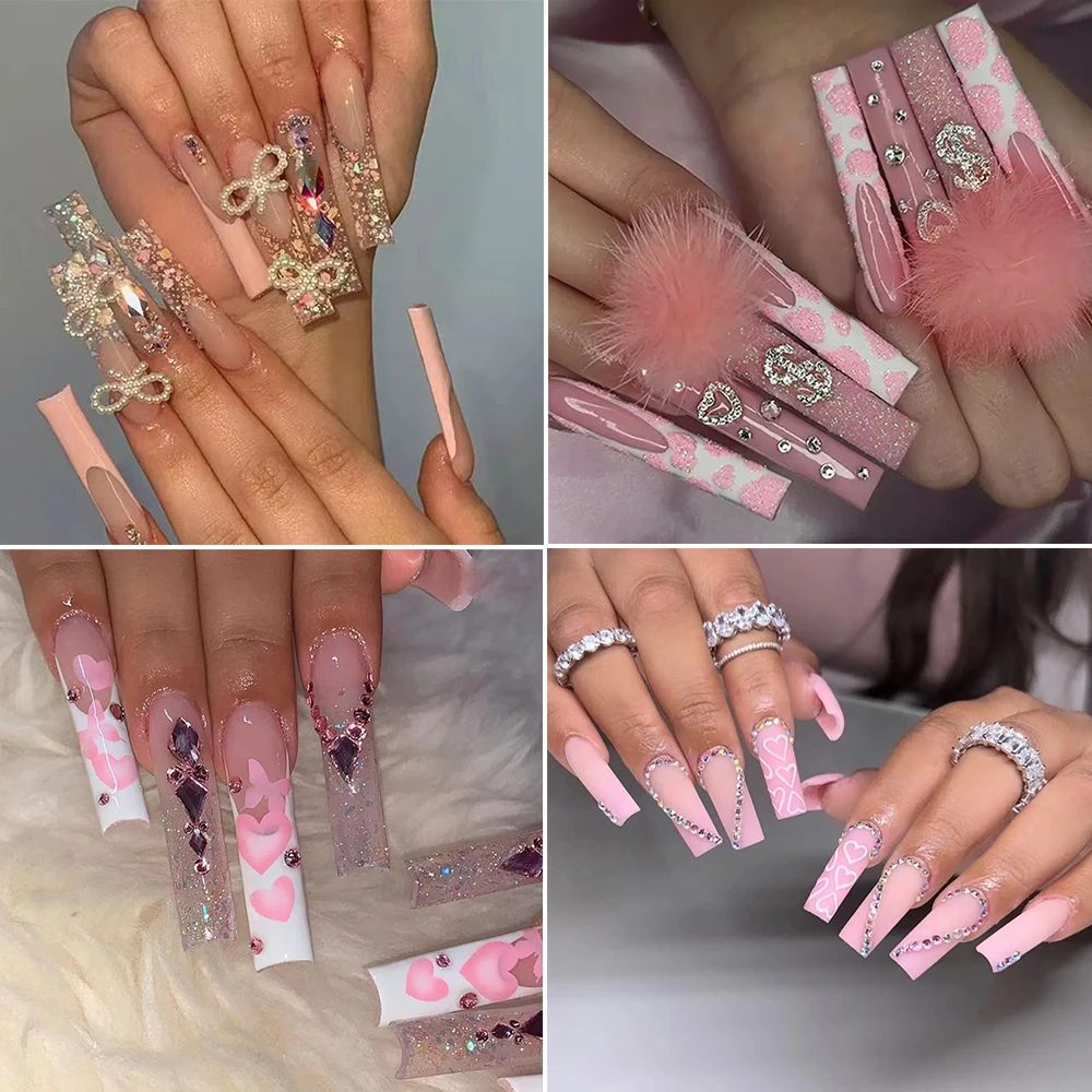 Meet All Luxury Private Label Super Long 3d Flower Fake Nails Press On Artificial Nails Hot Pink With Logo Wholesale 24pcs