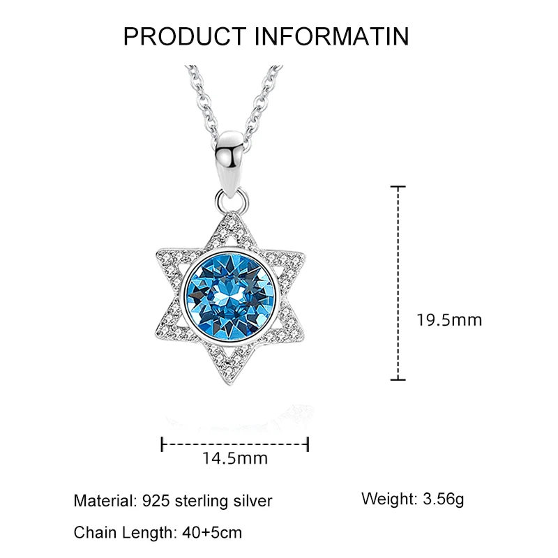 Women Jewish Jewelry 925 Sterling Silver Blue Aquamarine Zircon Star Pendant Star Of David Necklace for Holiday Gifts