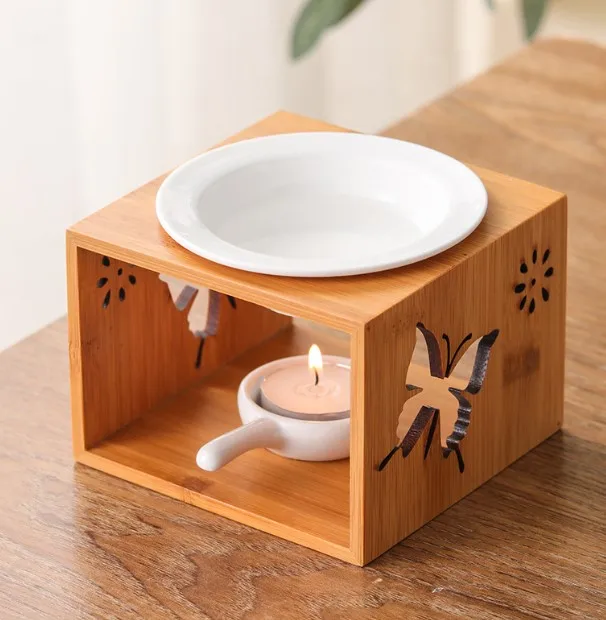 Tealight Candle Wax Fragrance Aromatherapy Wood Incense Burner,Ceramic Bamboo Candle Wax Warmer Holder