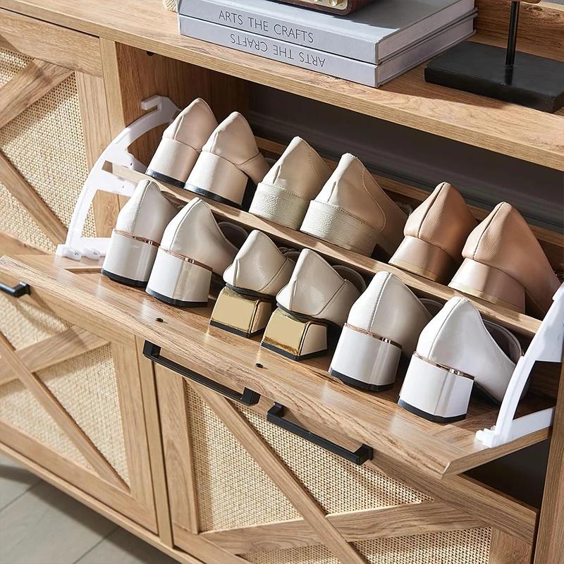 White Rattan Shoe Cabinet Rack MDF Wood Home Living Room Furniture with MDF Style for Kitchen Use