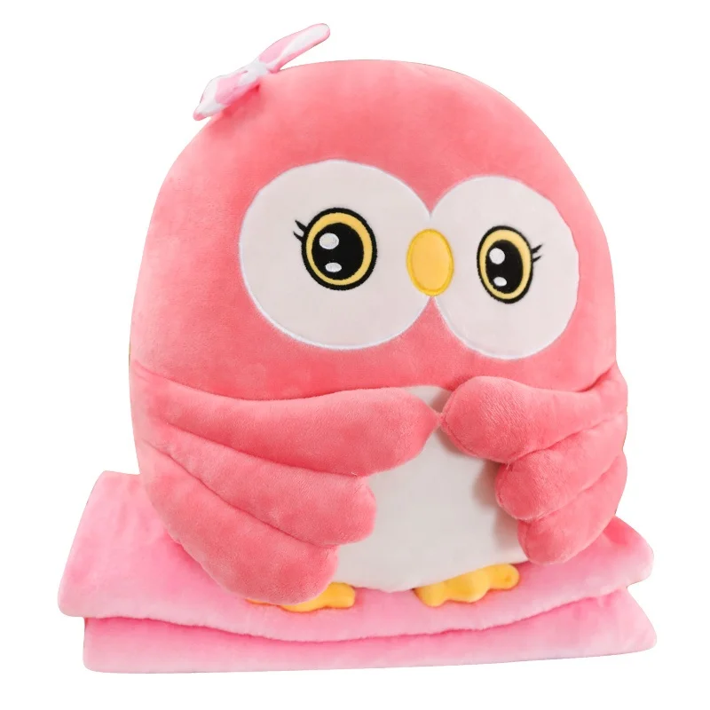 Wholesale Custom Stuffed Soft Furry Cute Cartoon Animal Foldable Multifunction 3 in 1 Plush Owl Pillow Muff Blanket Hand Warmer
