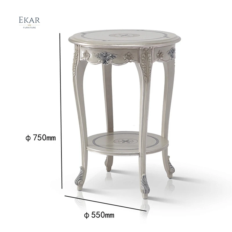 Luxury French Style Classic Living Room Furniture Carved Gray Round MDF Top Wooden Sofa Side Table Antique Corner Table