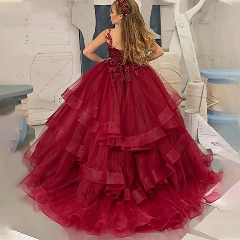 Backless Flower Girl Party Dress Customized Puffy Ball Gown Elegant Kids Wedding Dresses with Applique Tulle Fabric Sleeveless