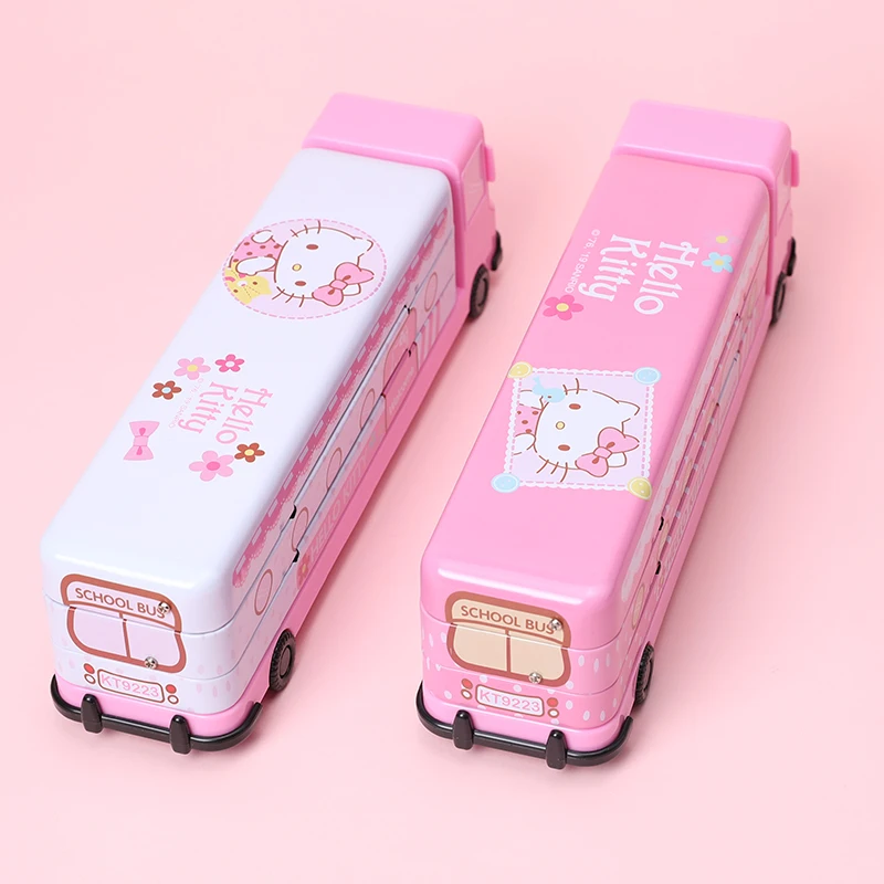 TOPSTHINK Hello kitty Bus Shaped Pink Pen Box Metal Tinplate Student Pencil Case with Sharpener