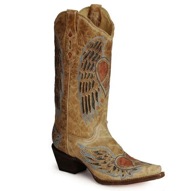 
Cowinner Woman Inlay Embroidered Cowgirl Boot Embroidery Inlay Leather Boots Snip Toe 