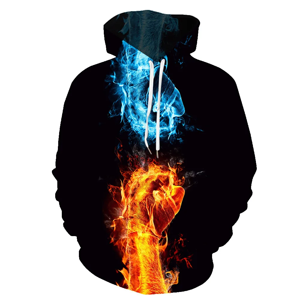 Wholesale Fashion Street Style Hip Hop Hooded Sweatshirt 3d Fire Flame Hoodie Red Smoke Graphic Print Outdoor Athletic Pullover