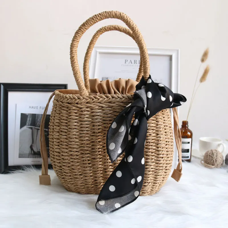 Rattan Wicker Straw Tote Bag Wicker Round Beach Bag Thailand Straw Bags with Drawstring