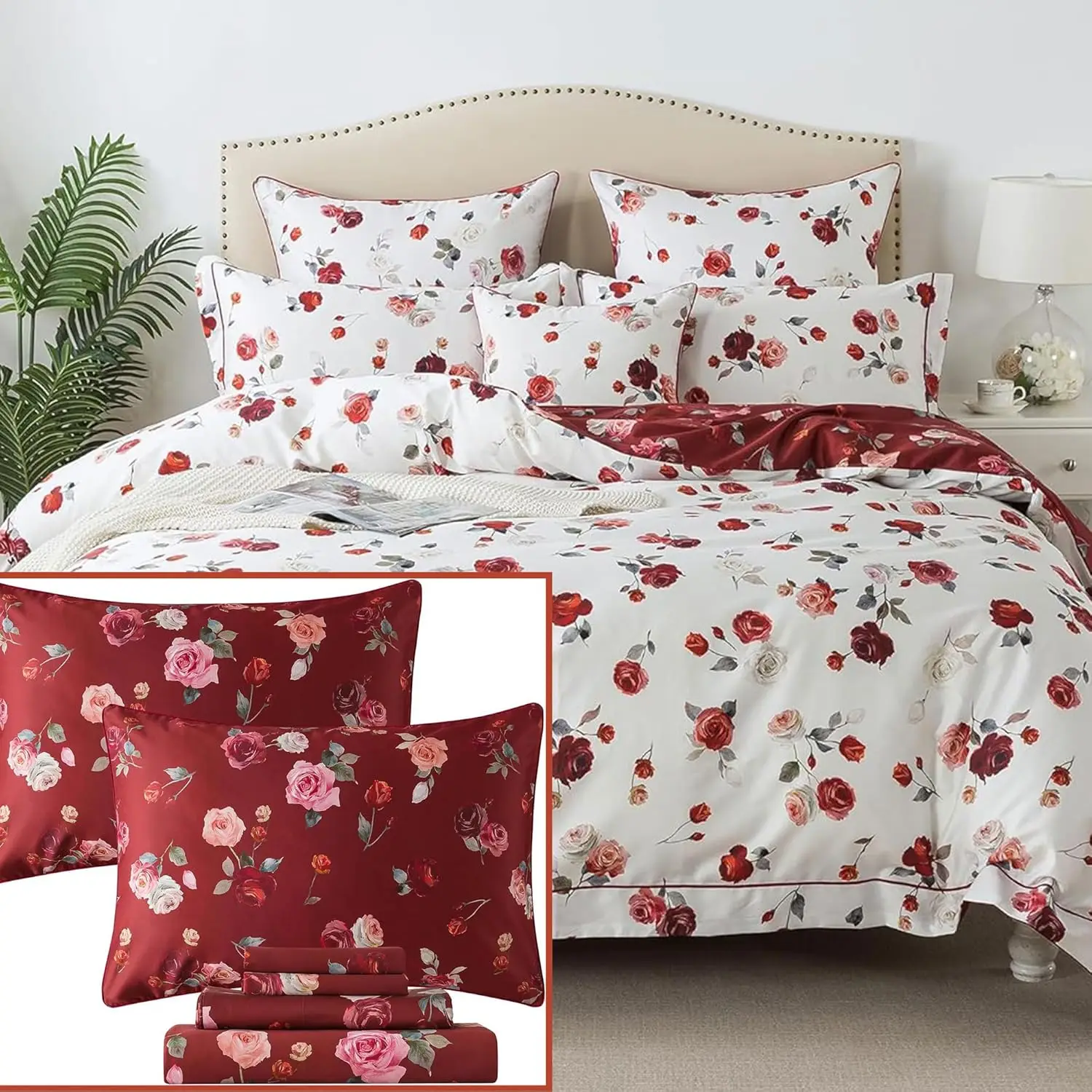 Printed Bed Duvet Cover Set 3 Pcs 100% Cotton Vintage Chic Rose Flower Super Soft Skin-friendly Crisp Bedding Set