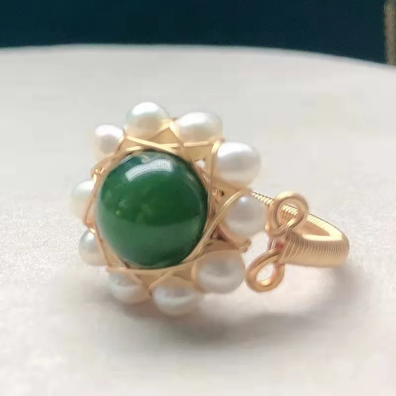 Ручная работа 14K позолоченные жемчужины исцеляющий Кристалл Камень Нефритовая проволока бисерные кольца регулируемые открытые пальцы ювелирные изделия