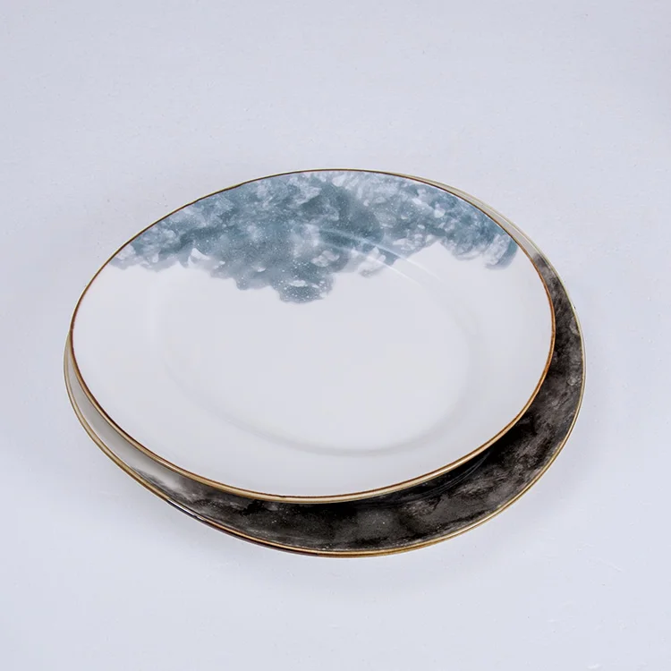 Wholesale Custom Cheap Glazed Yellow Rim Irregular Restaurant Tableware Porcelain Ceramic Plate