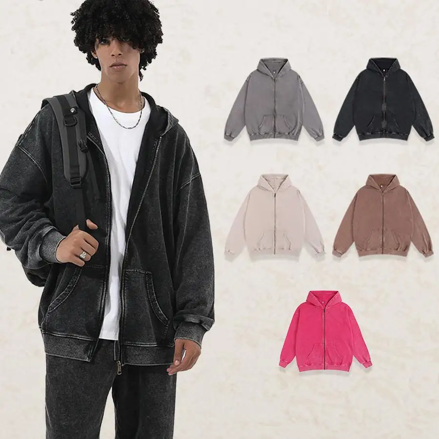 Acid Washed Oversized Embroidered Cropped Hoodies Ripped French Terry Black Distressed Applique Boxy Fit Full Zip Up Hoodies Men