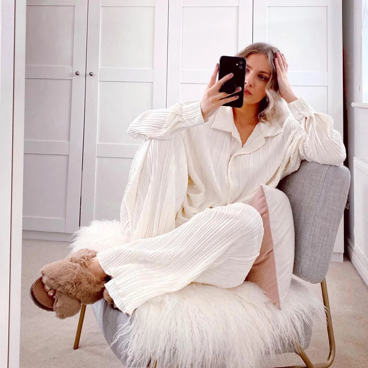 Блузка женская плиссированная с длинным рукавом, повседневный свободный элегантный домашний наряд бежевого цвета с широкими штанинами, с завышенной талией, осень