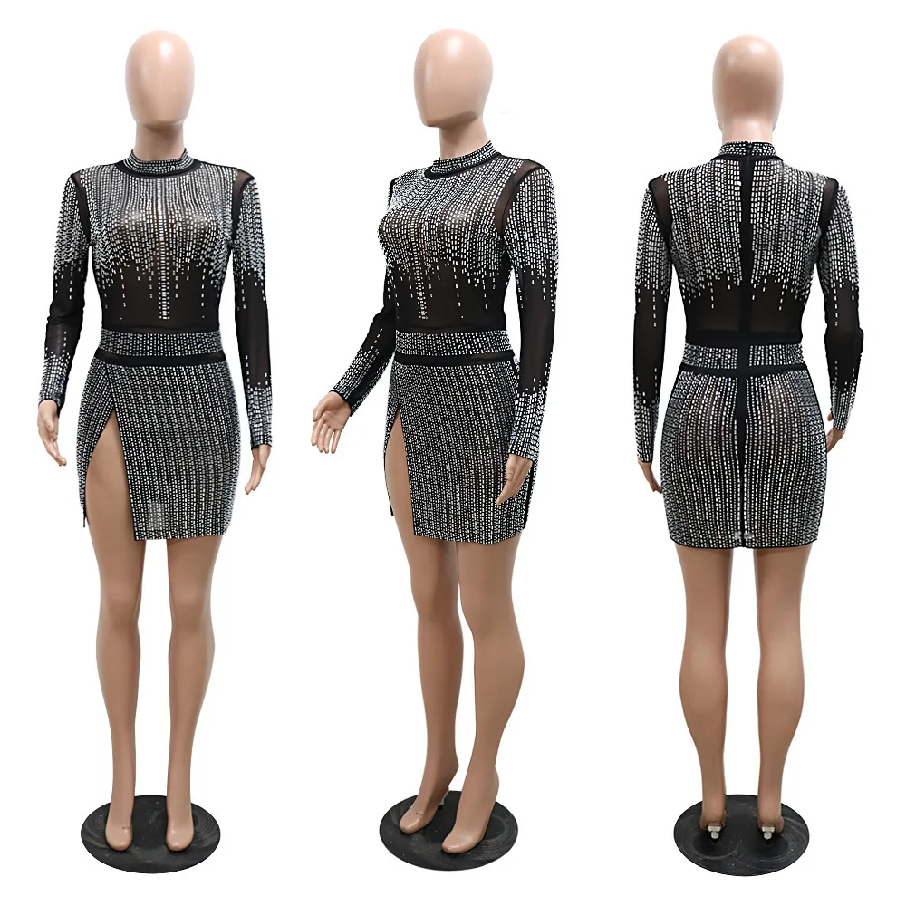 Женское Прозрачное платье для ночного клуба, сексуальное платье с разрезом и стразами без трусиков, новинка весны, модная женская одежда