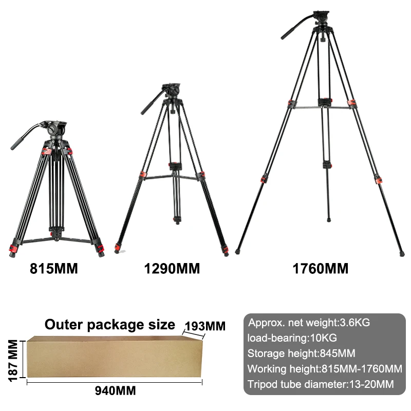 OEM Photography Camera 1.8m Professional Heavy Duty  Aluminum Alloy Camera Video Tripod with Panoramic Fluid Damping Head