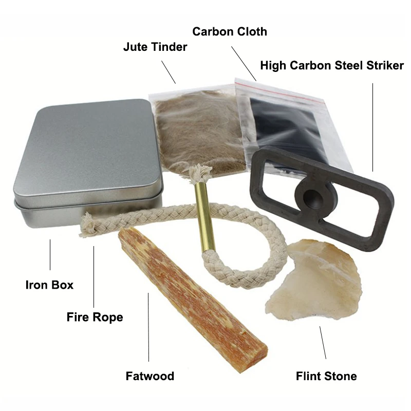 Pocket Tin Survival Jute Tinder Starting Fire Stone with Fatwood