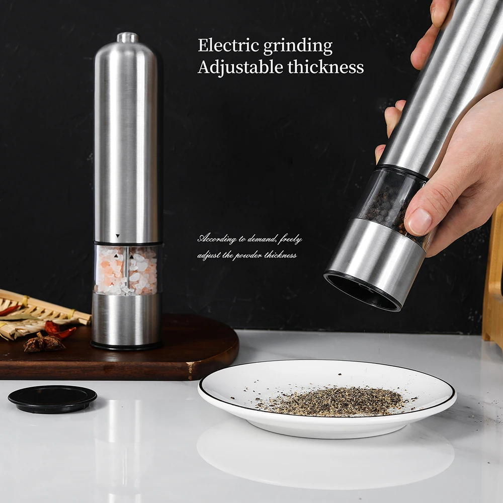 Electric Salt Pepper Mill Stainless Steel One-handed operation Spice Mill with Led Light and Stand Home Kitchen Seasoning Tool
