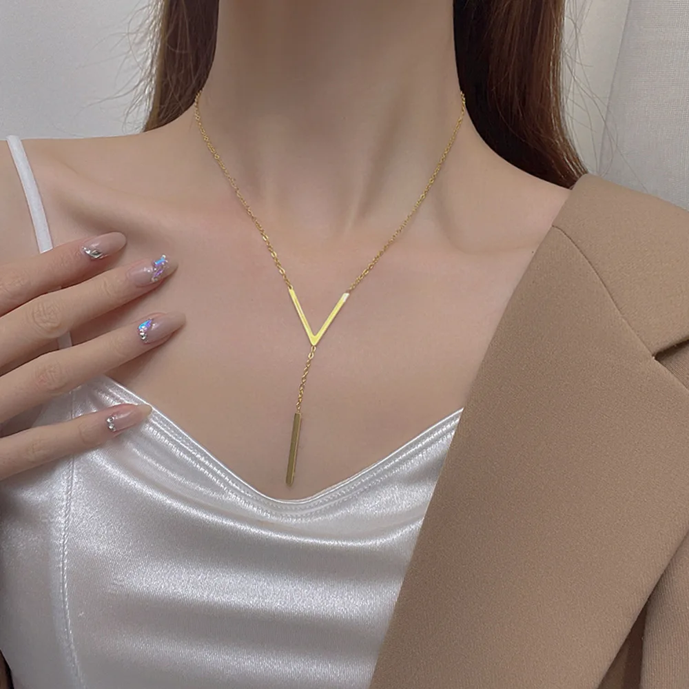 Stainless steel V-shaped long sexy Clavicle Necklace Ladies and girls stainless steel Gold colour chain Necklace Party jewelry