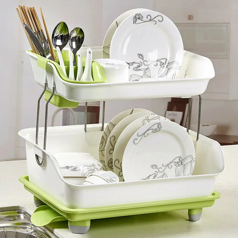 Plastic Dish Drainer Double Drip Tray 2 Layer Utensil Cutlery Draining