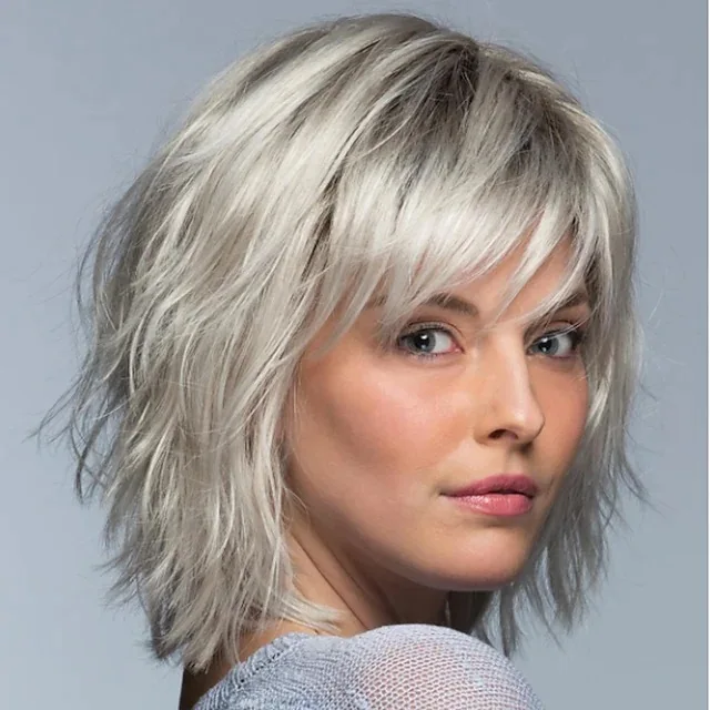 Asymmetrical Slanted Bangs with an Airy Feel New Style Gradient White-Gold Short Hair Fashion Bob Curly Wig