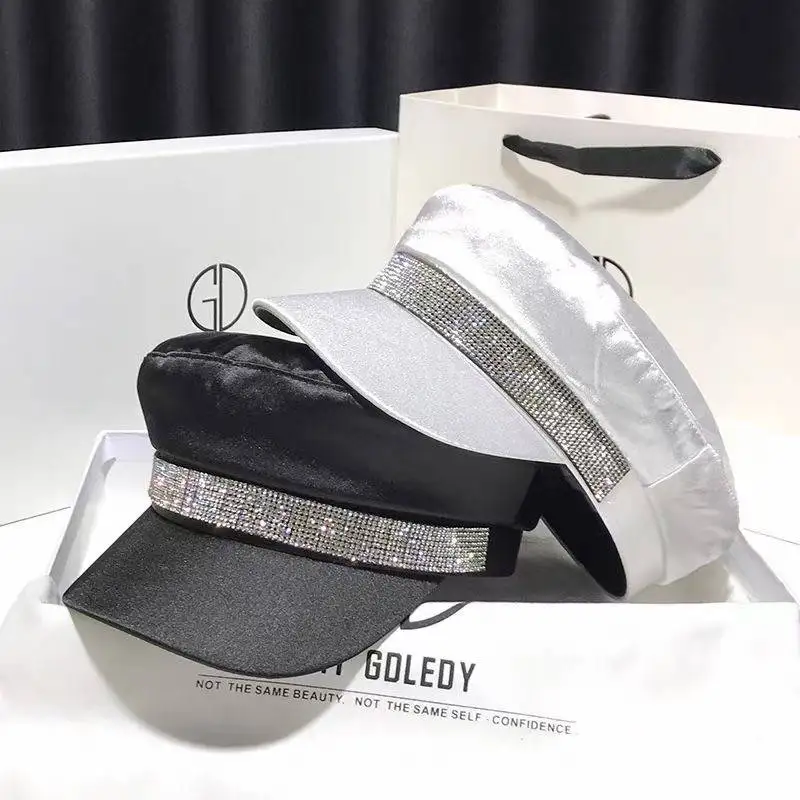 Wholesale 2023 new fashion spring and summer rhinestone navy hat caps satin flat top peaked hats for women