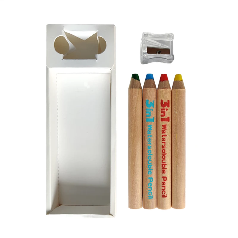 HIGH QUALITY NON TOXIC 3 in 1 WOODEN COLOR PENCIL 4 PIECES JUMBO WOODY WATERCOLOR CRAYON WITH ONE SHARPENER