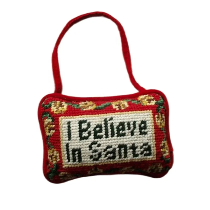 Small Needlepoint PILLOW - I Believe In Santa, Jingle Bells, Door Hanger, Vintage Sign