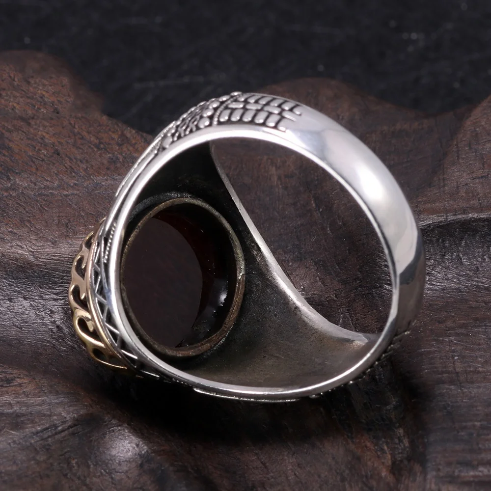 925 Silver Gems Stone Mens Ring Luxury Big Turkish Ring With Green Red Tiger Eyes Stones Vintage Turkey Jewelry  Rings For Men