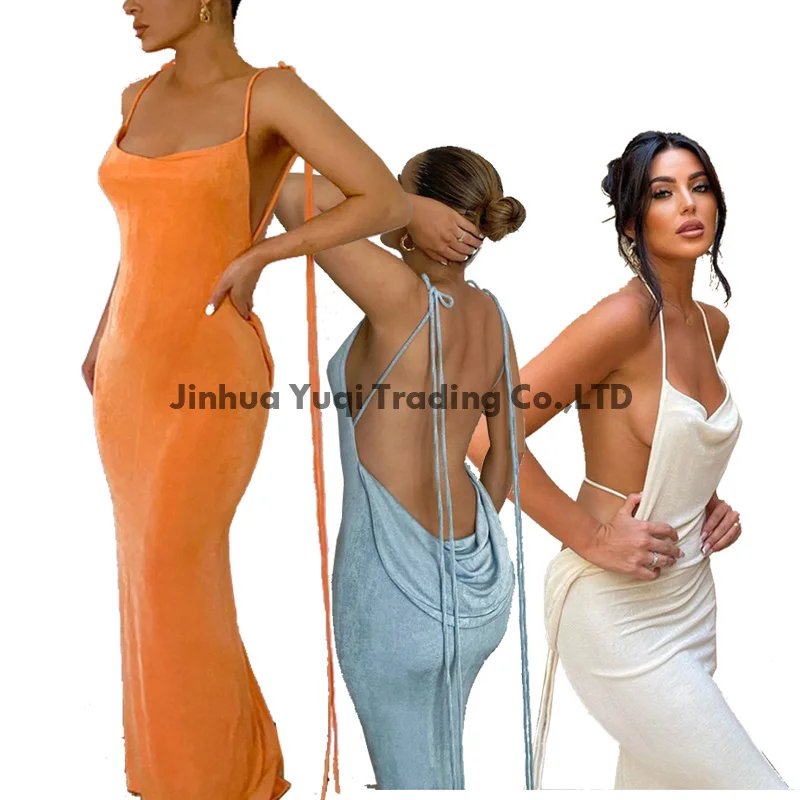 2022 New Design Women Evening Dress Plain Backless Lace Up Elegant Maxi Prom Dresses