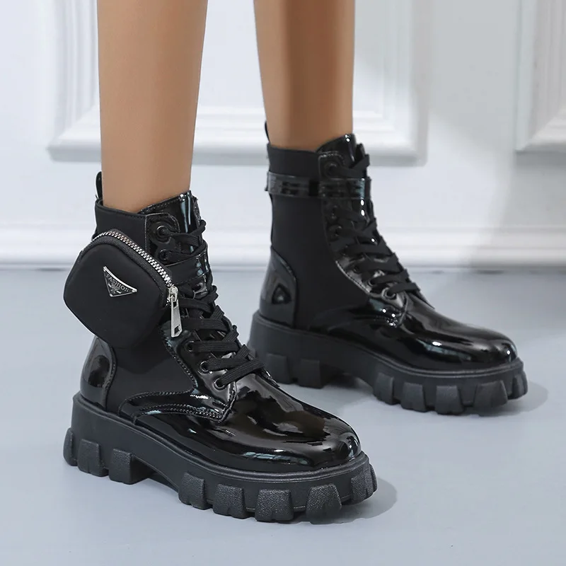 Black Punk Ankle Platform Motorcycle Boots Women Lace Up Chunky Heel Belt Buckle Designer Shoes Women Botas De Mujer