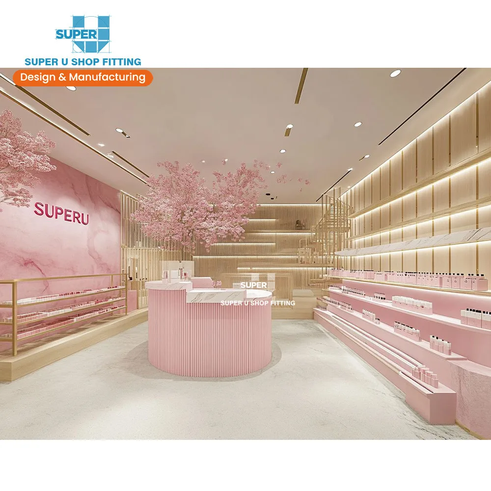 Customized Retail Cosmetic Store Fixture Skincare Shop Display Shelf Makeup Boutique Furniture Perfume Shop Interior Design