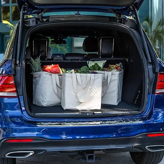 Custom Logo Canvas Grocery Bag Set with Real Pockets Long Shoulder Strap Short Handle Heavy Duty Foldable Washable for Shopping