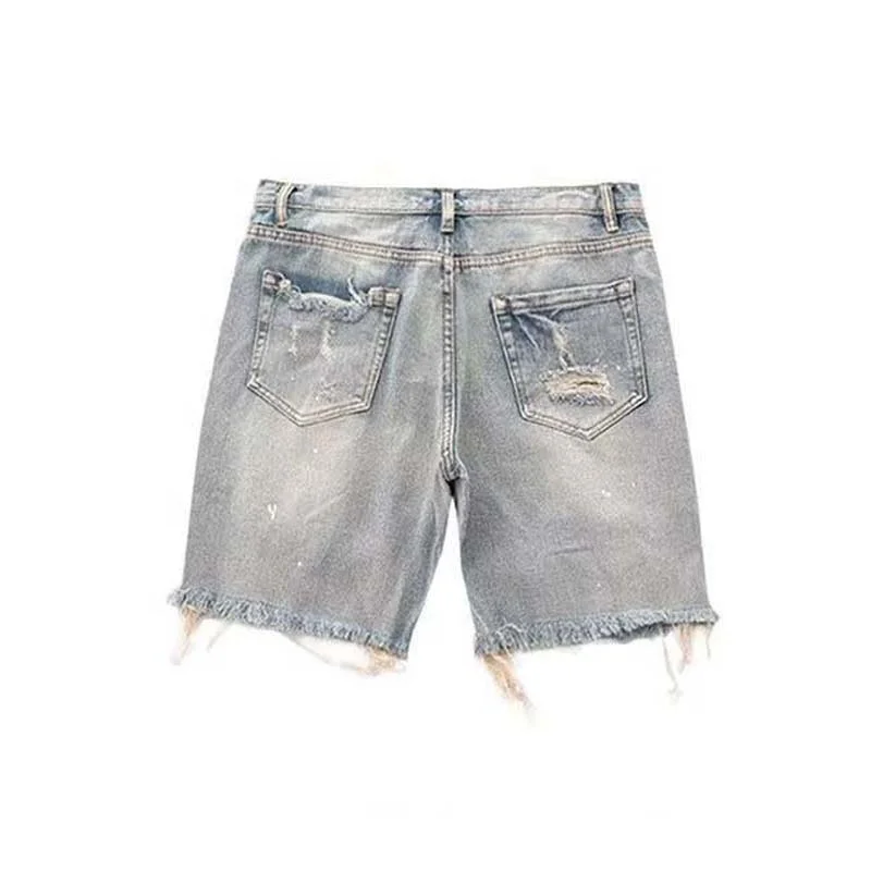 Popular Summer Slim Ripped Paint Indolent Hip Hop Washed Mens Jeans Short