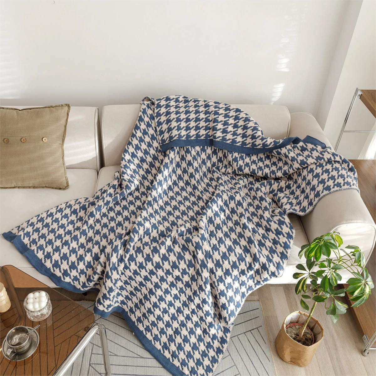 Houndstooth Plaid 50% Polyester 50% Acrylic Decorative Knit Throw Blankets