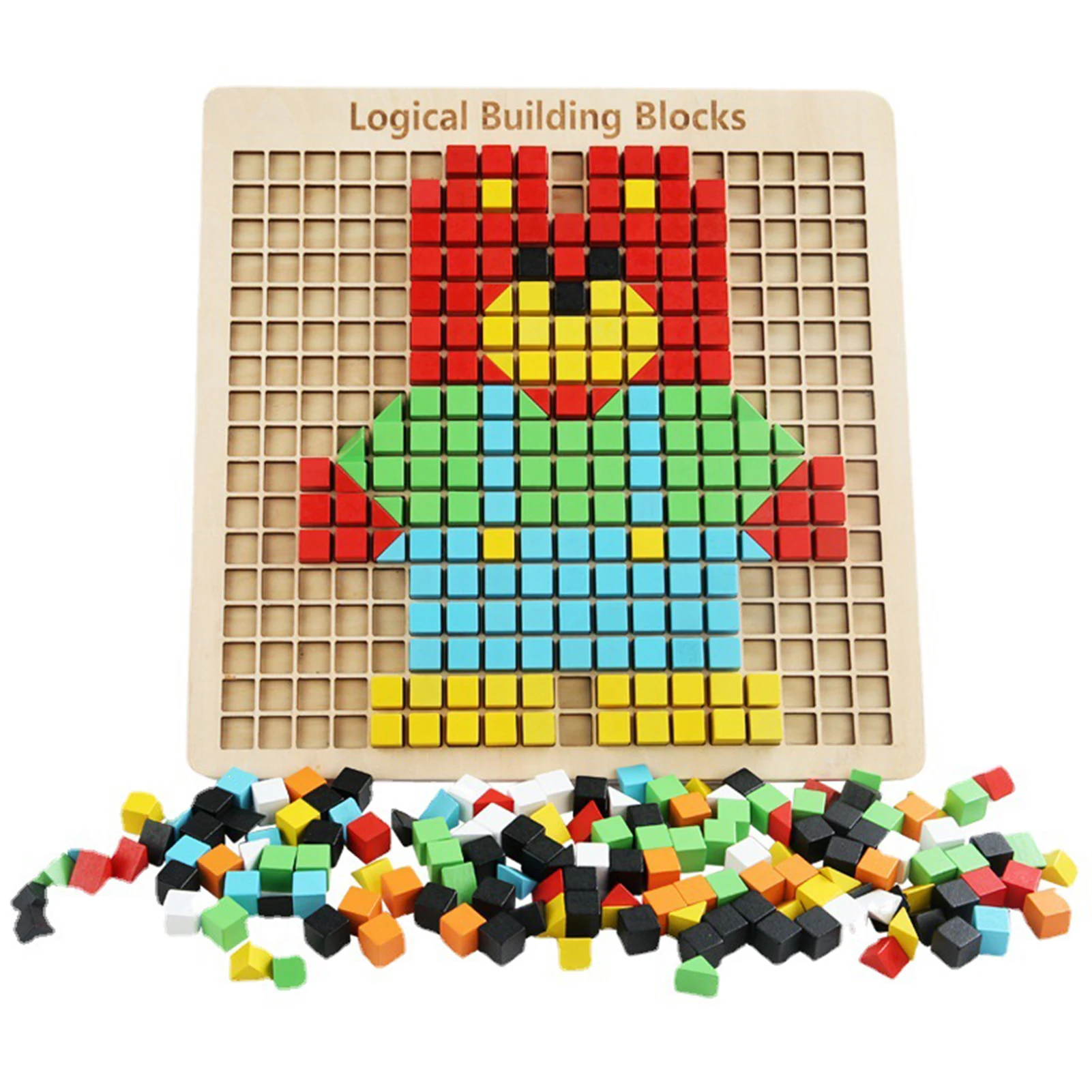 Montessori Wooden Kids Smart Toy Colorful Mosaic Puzzle Pattern Blocks Game Board for Tollders Early Education