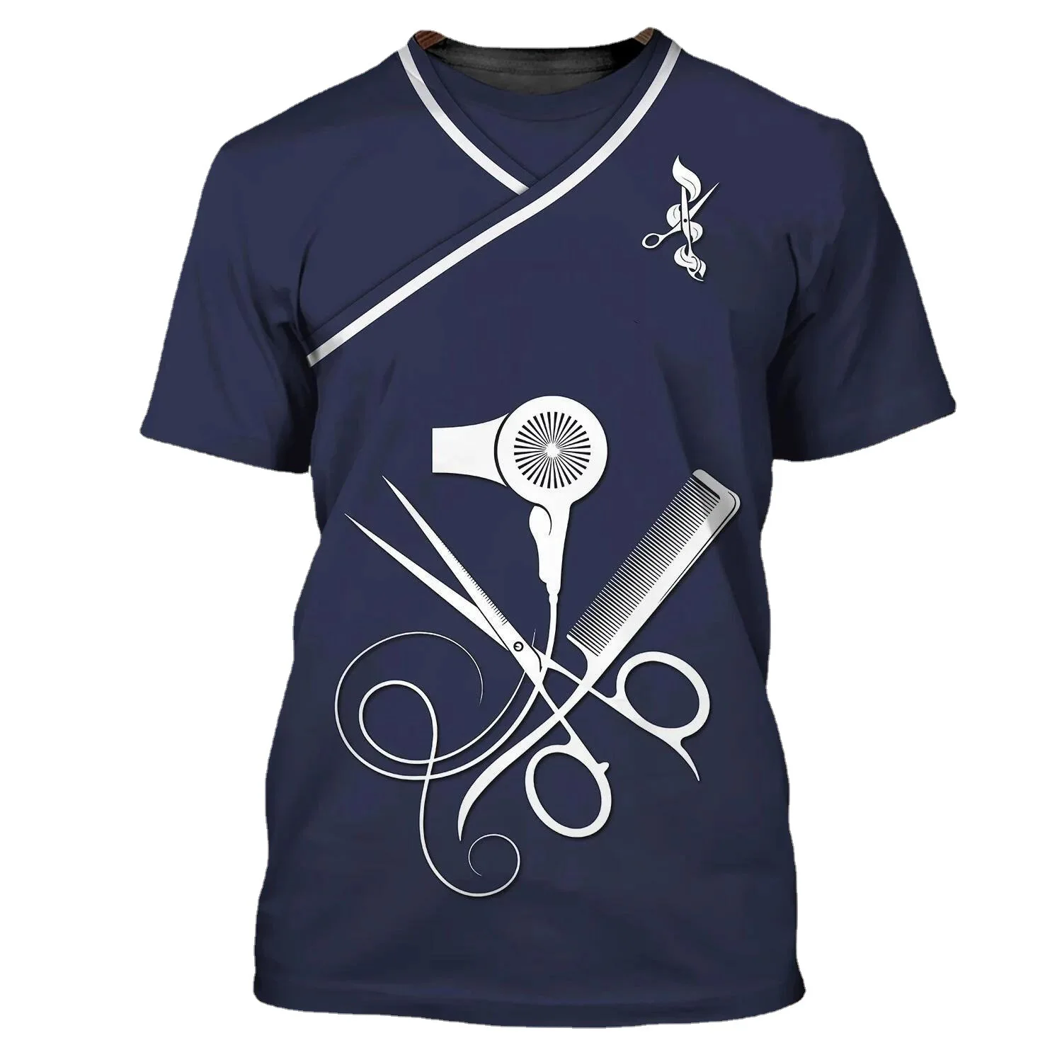 New fashion European and American Barber work clothes 3D digital print summer casual T-shirt