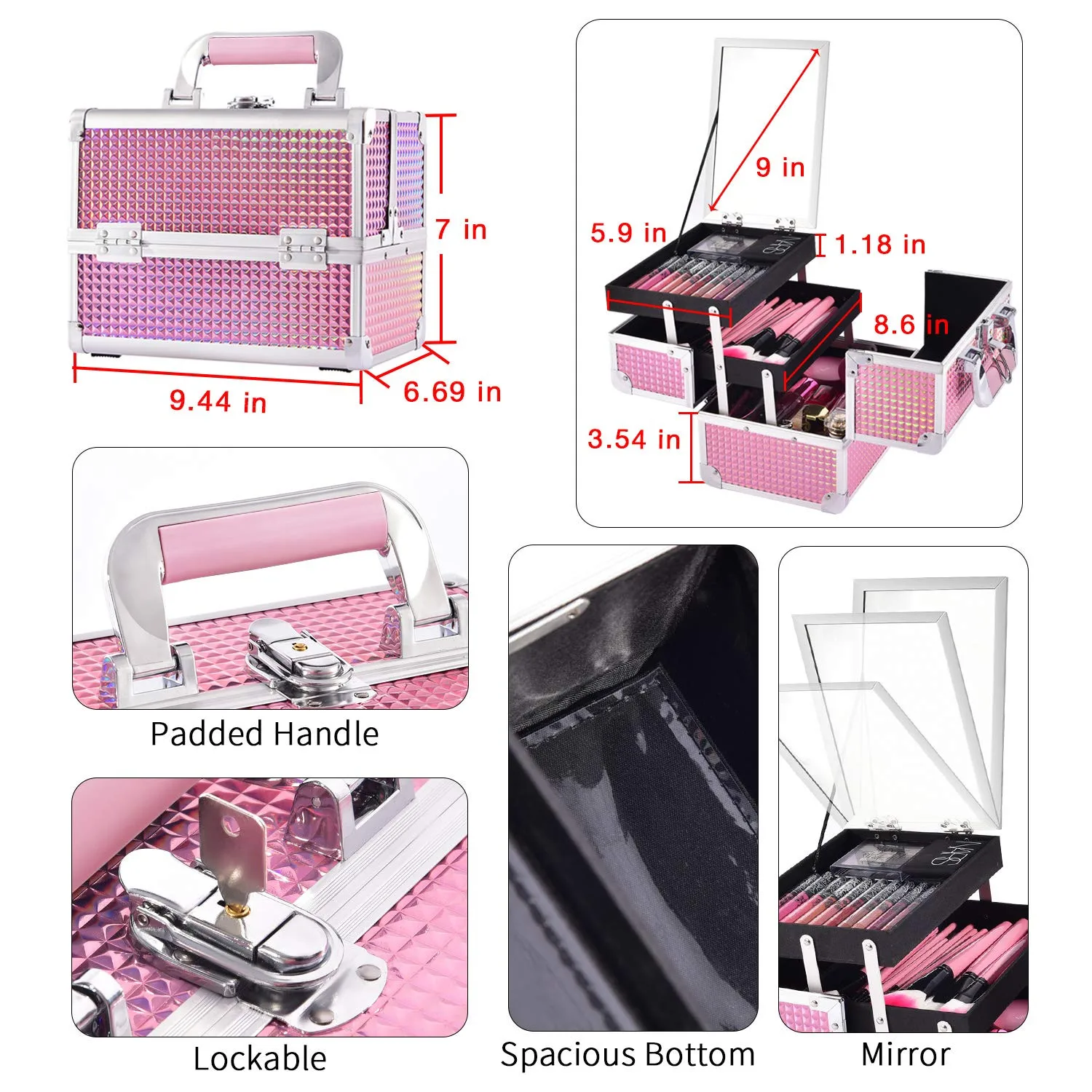 Aluminum pink hard travel makeup train cosmetic vanity box /Professional Portable Makeup case