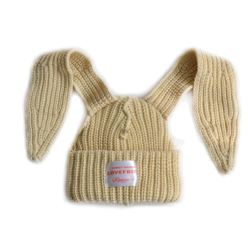 New Stylist Double Layer Thickening Rabbit Ear Knit Hats with Cloth Tag Luxury Beanie for Women
