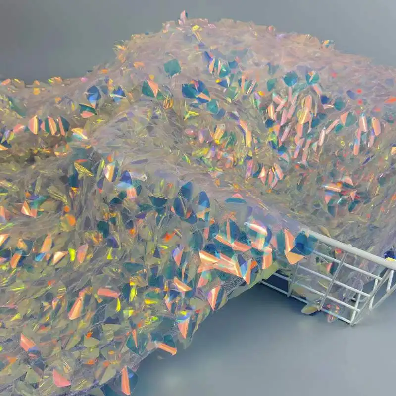 2022 new design 18mm large sequin iridescent colorful fabric with tulle embroidery sell by yard